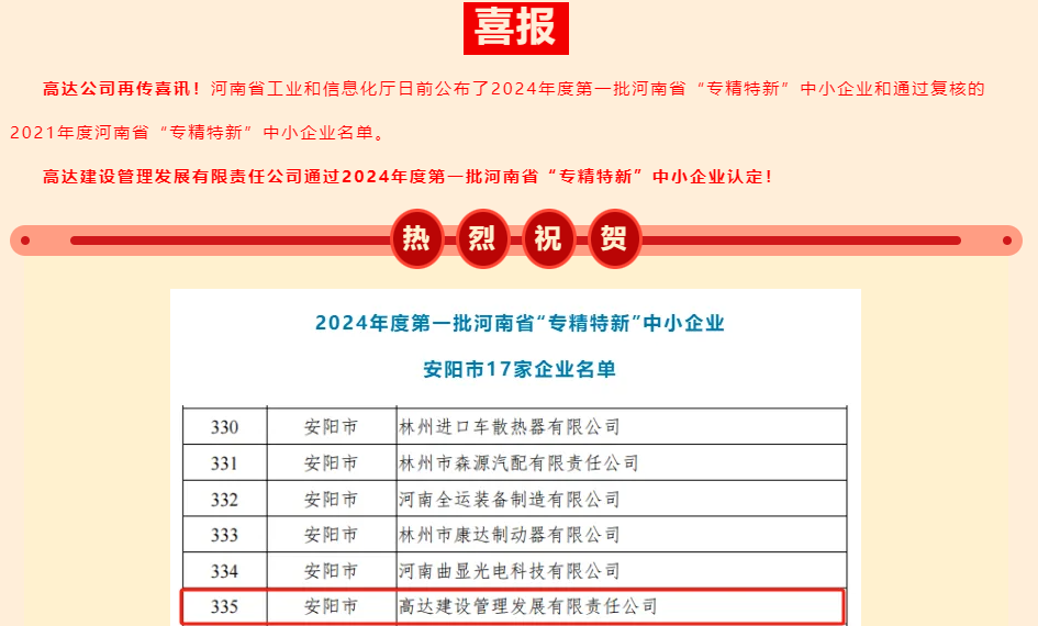 喜报！高达公司通过2024年度第一批河南省“专精特新”中小企业认定！